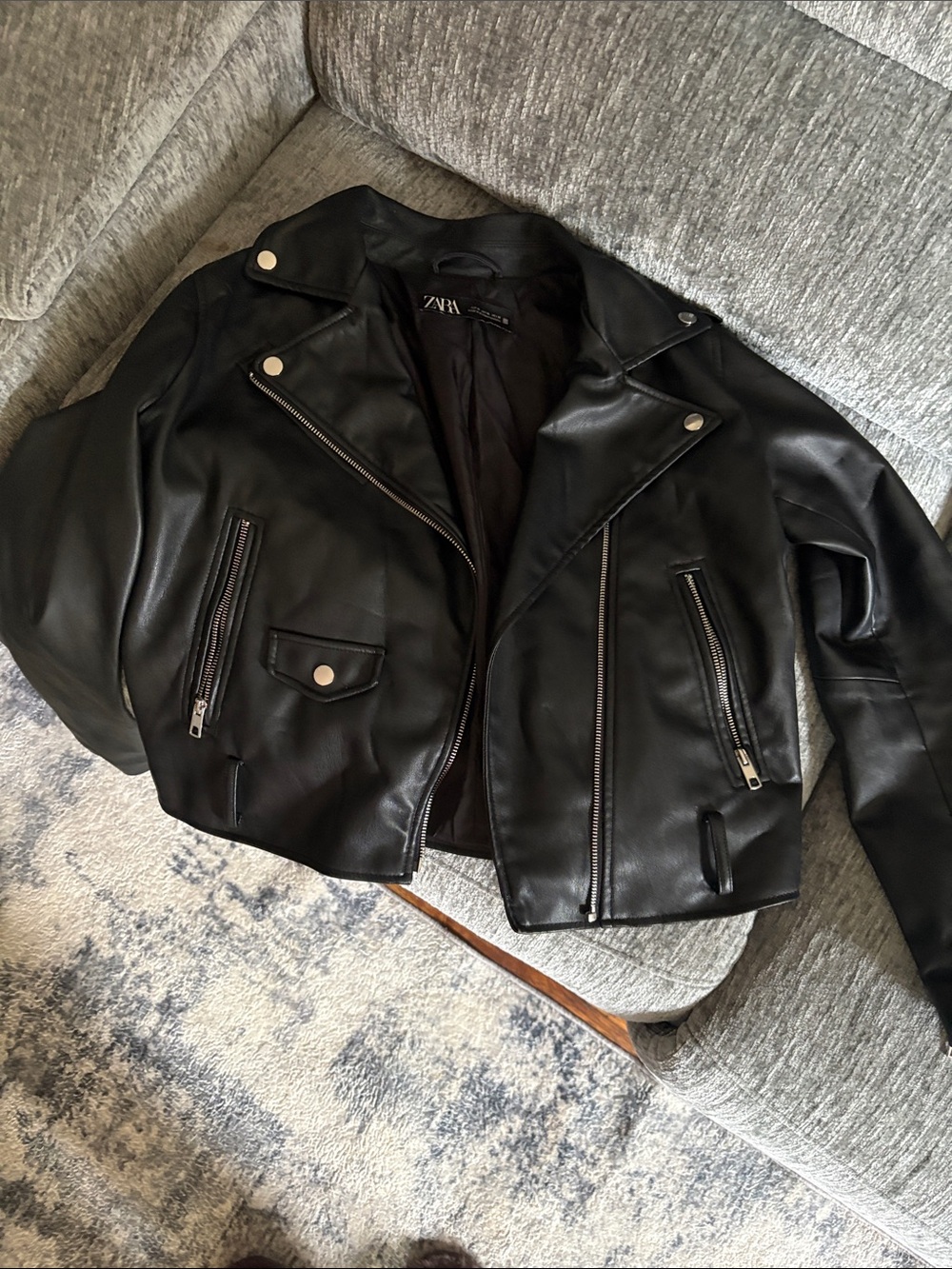 Zara Black Faux Leather Moto Jacket with Zip Details